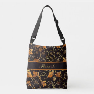 Blätter und Ranken orange auf schwarz Muster Crossbody Bag