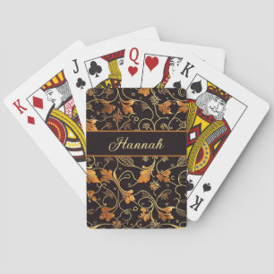 Blätter und Ranken orange auf schwarz Muster Playing Cards