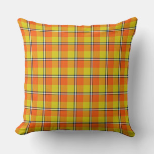 Blaze Orange and Bird Flower Plaid Cushion