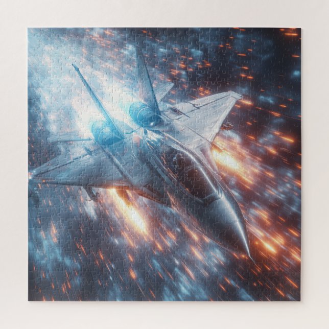 Blazing Jet Through Meteor Sparks – Sci-Fi Puzzle (Vertical)