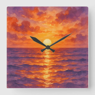 Blazing Sunset - Vibrant Watercolor Painting Style Square Wall Clock