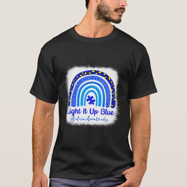 Bleached Autism Awareness Light It Up Blue Rainbow T-Shirt (Front)