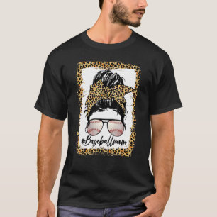 Bleached Baseball Mum Leopard Messy Bun Game Day V T-Shirt