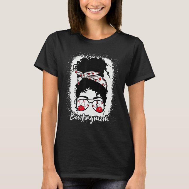 Bleached Bowling Mum Life With Leopard Messy Bun W T-Shirt (Front)
