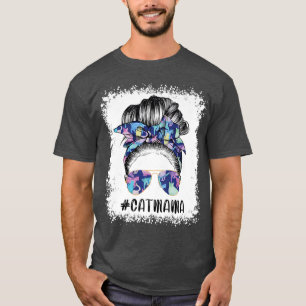 Bleached Cat Mom Messy Hair Bun Sunflower Mother D T-Shirt