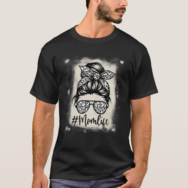 Bleached Classy Mum Life Leopard Pattern Messy Bun T-Shirt (Front)