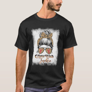 Bleached Crawfish Junkie Leopard Messy Bun With Su T-Shirt