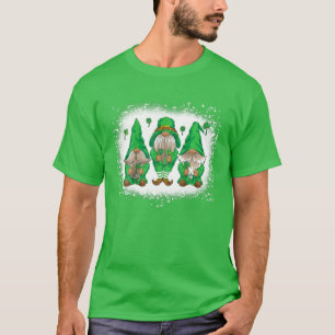 Bleached Happy St Patrick's Day Three Gnomes Shamr T-Shirt