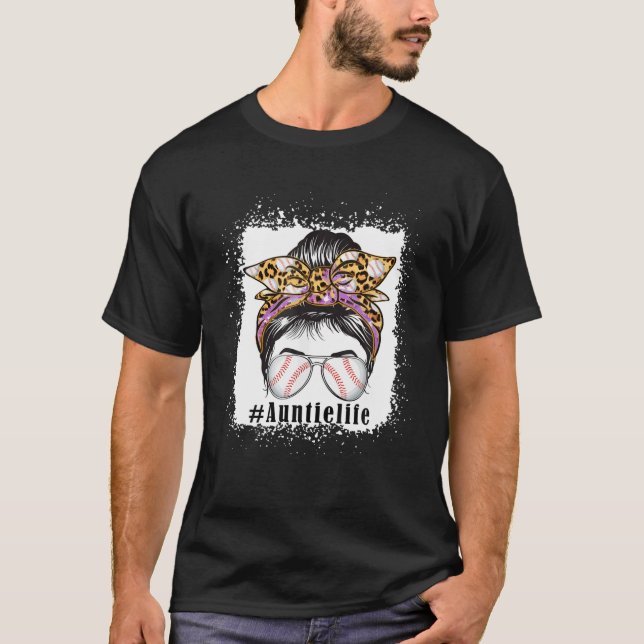 Bleached Leopard Baseball Aunt Life Messy Bun Moth T-Shirt (Front)