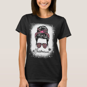 Bleached Leopard Pink Cheer Mum Life Messy Bun Mot T-Shirt