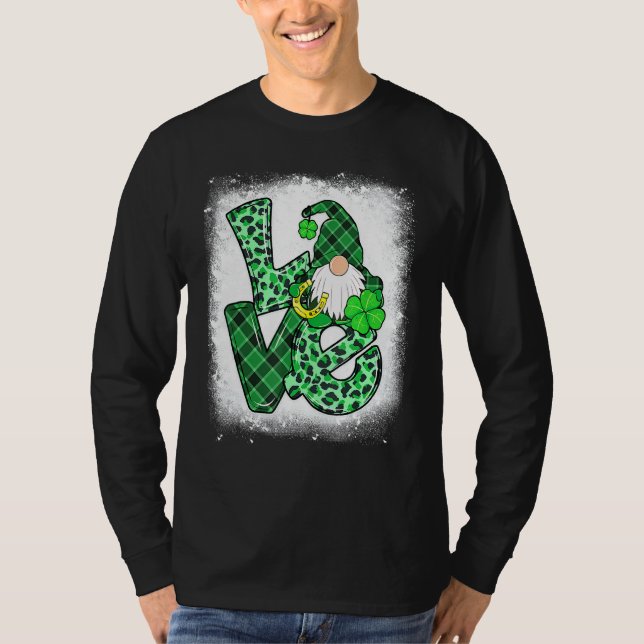 Bleached LOVE St Patricks Day Gnomes Shamrock For  T-Shirt (Front)