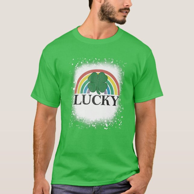 Bleached Lucky Shamrock St. Patrick's Day Rainbow T-Shirt (Front)