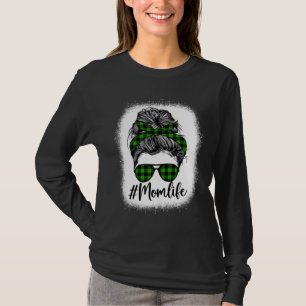 Bleached Messy Bun Mom Life Plaid Green Print Moth T-Shirt