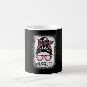 Bleached Nurse Life Pink Leopard Messy Bun Nurse Coffee Mug