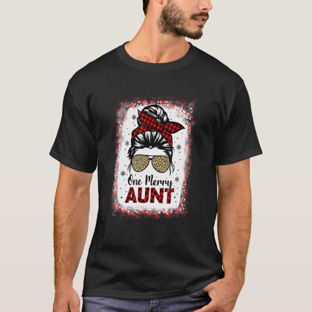 Bleached One Merry Aunt Leopard Buffalo Plaid Chri T-Shirt (Front)