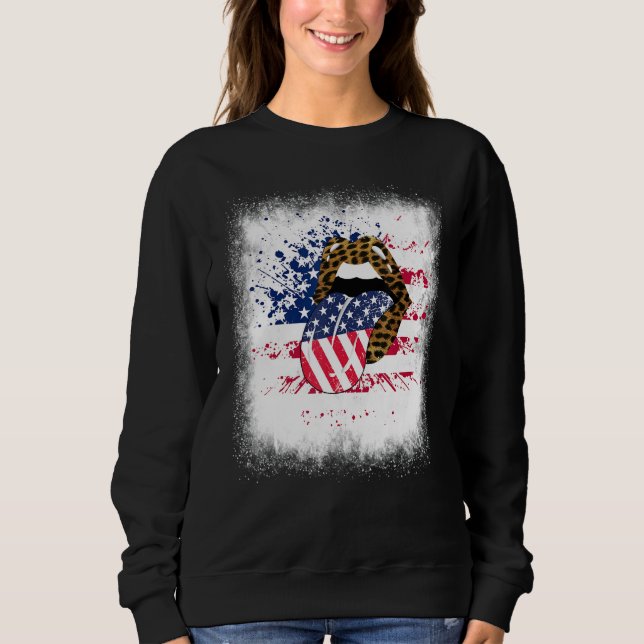 Bleached Patriotic Lips Leopard American Flag 4th  Sweatshirt (Front)