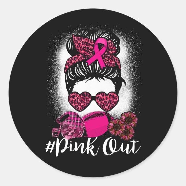 Bleached Pink Out Football Mum Messy Bun Pink Brea Classic Round Sticker (Front)