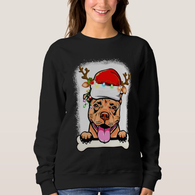 Bleached Pitbull Santa Lights Christmas Dog Reinde Sweatshirt (Front)