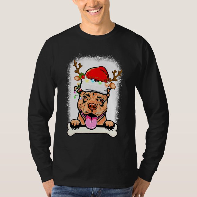 Bleached Pitbull Santa Lights Christmas Dog Reinde T-Shirt (Front)