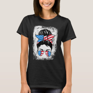 Bleached Softball Baseball Mum Life Messy Bun 4th  T-Shirt