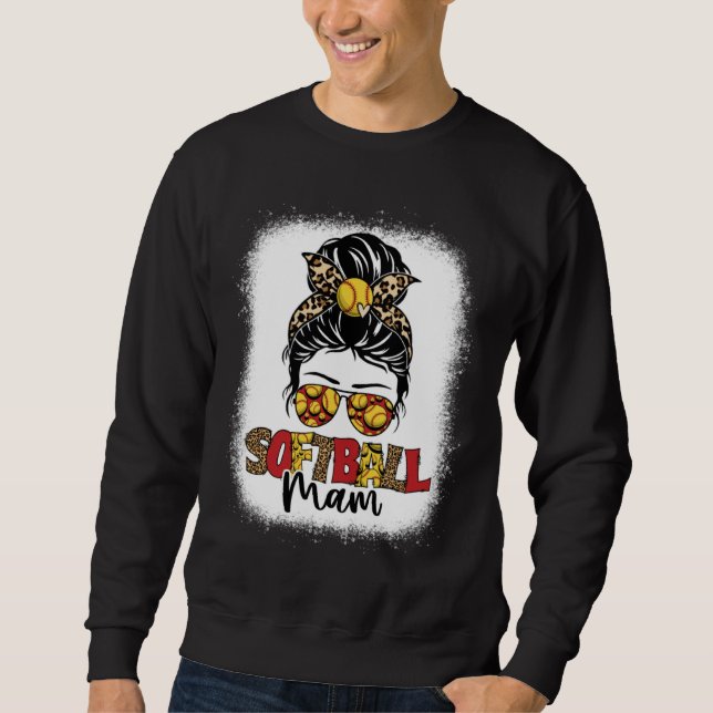 Bleached Softball Mam Leopard Messy Bun Mothers Da Sweatshirt (Front)