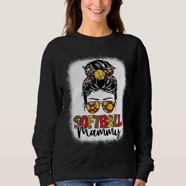 Bleached Softball Mammy Leopard Messy Bun Mothers  Sweatshirt (Front)
