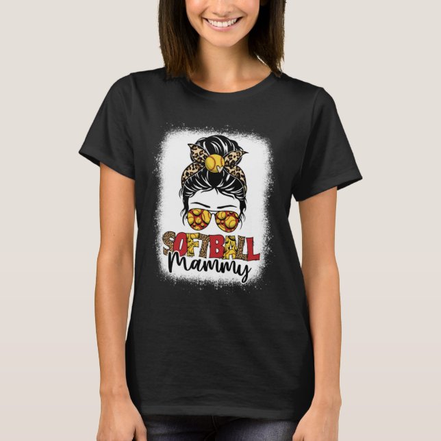 Bleached Softball Mammy Leopard Messy Bun Mothers  T-Shirt (Front)