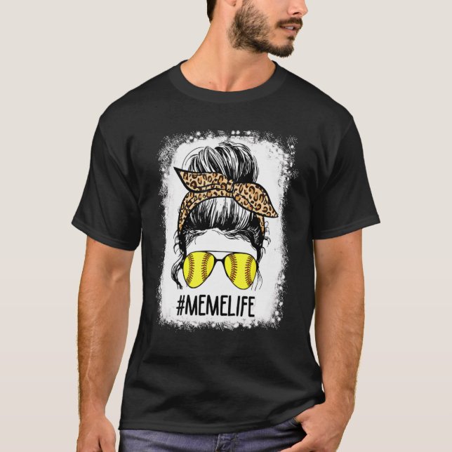 Bleached Softball Meme Life Leopard Messy Bun Game T-Shirt (Front)