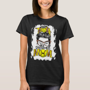 Bleached Softball Mom Game Day Messy Bun Leopard P T-Shirt