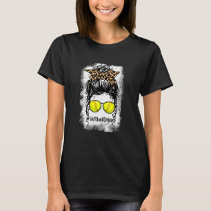 Bleached Softball Mum Life Leopard Messy Bun For W T-Shirt