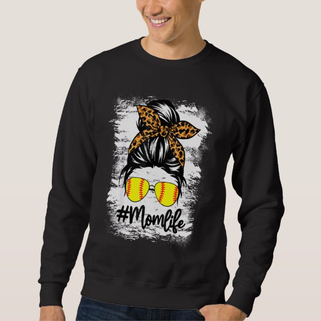 Bleached Softball Mum Life Leopard Messy Bun Game  Sweatshirt (Front)