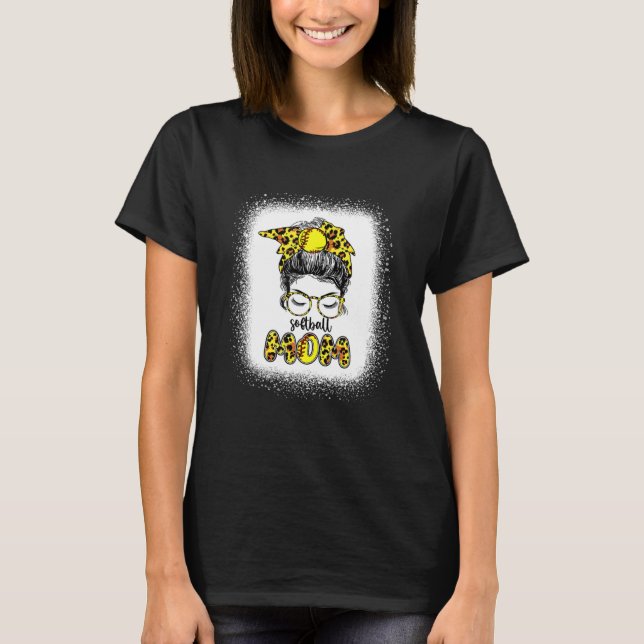 Bleached Softball Mum Life Leopard Messy Bun Game T-Shirt (Front)