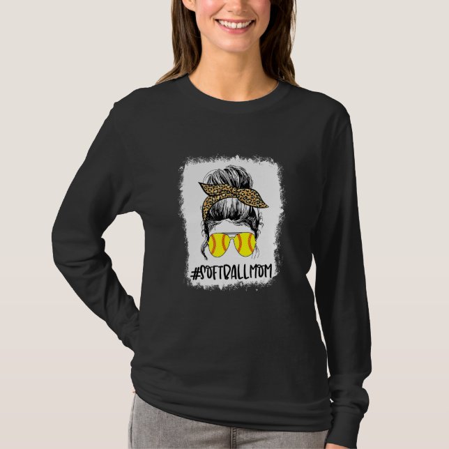 Bleached Softball Mum Life Leopard Messy Bun Game  T-Shirt (Front)