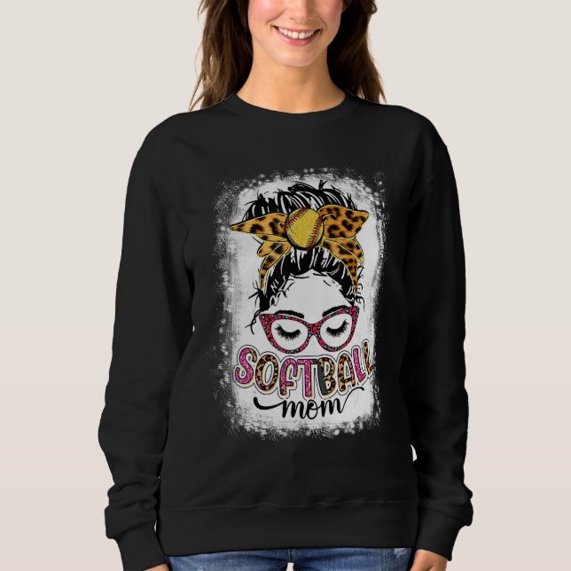 Bleached Softball Mum Life Leopard Messy Bun Mothe Sweatshirt (Front)