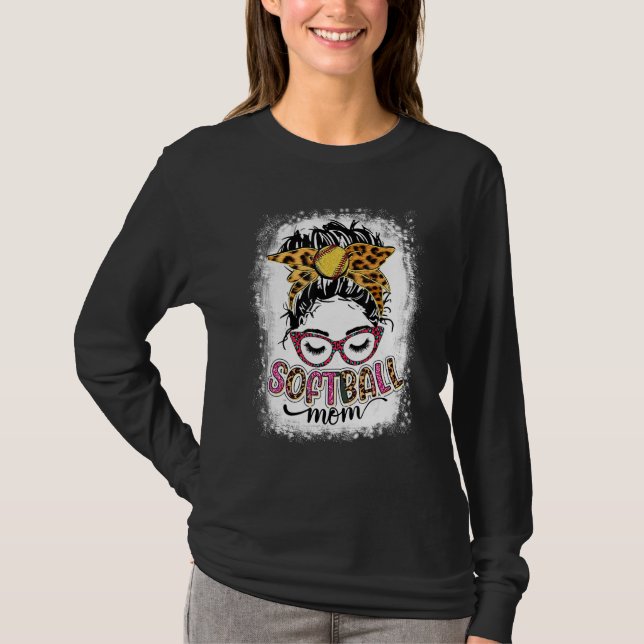 Bleached Softball Mum Life Leopard Messy Bun Mothe T-Shirt (Front)