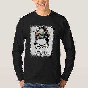 Bleached Volleyball Coach Life Leopard Messy Bun V T-Shirt