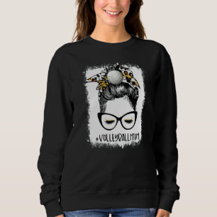 Bleached Volleyball Mum Life Leopard Messy Bun Gam Sweatshirt