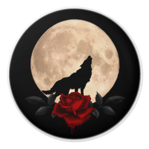 Bleeding Red Rose Fullmoon And Wolf Ceramic Knob
