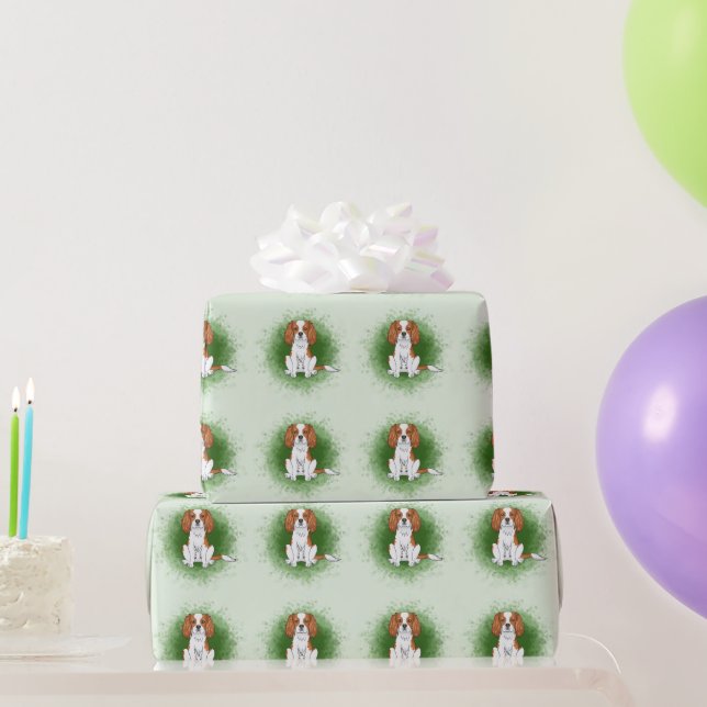 Blenheim Cavalier King Charles Spaniel On Green Wrapping Paper (Party Gifts)