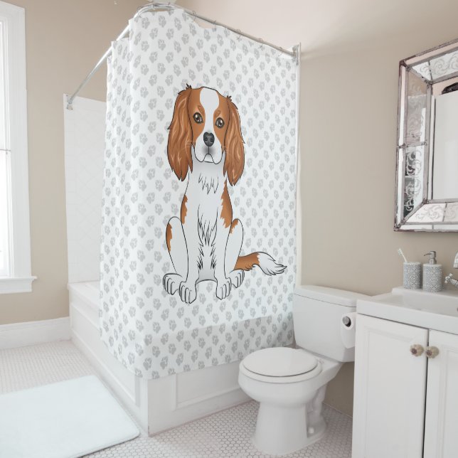 Blenheim Cavalier King Charles Spaniel & Paws Shower Curtain (In Situ)