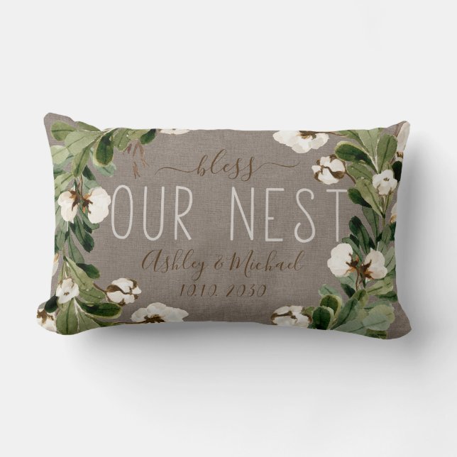 Bless Our Nest Eucalyptus Wreath Wedding Keepsake Lumbar Cushion (Front)