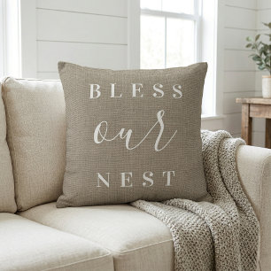 Bless Our Nest   Rustic Beige Farmhouse Cushion