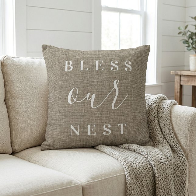 Bless Our Nest | Rustic Beige Farmhouse Cushion (Creator Uploaded)