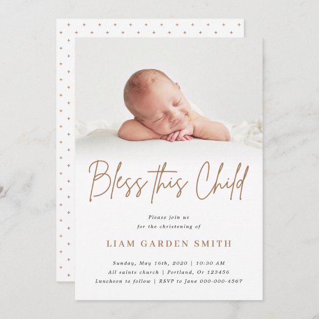 Bless This Child Handwritten Christening Photo Boy Invitation (Front/Back)