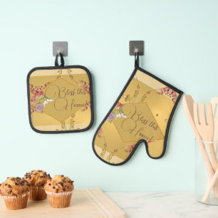 "Bless This Home" Floral Print Cut Sew Bag Oven Mitt & Pot Holder Set
