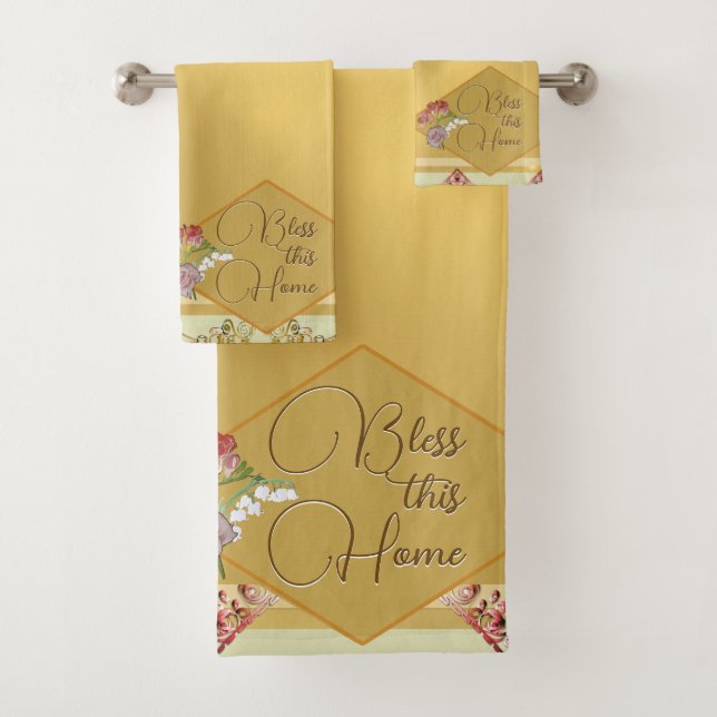 "Bless this Home" Golden Floral Bath Towel Set (Insitu)