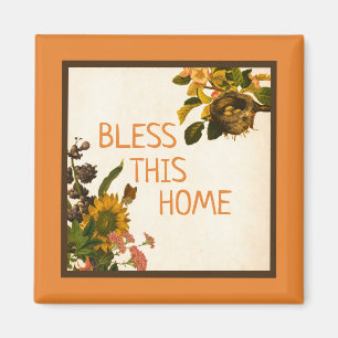 BLESS THIS HOME Orange & Brown Autumn Floral Magnet