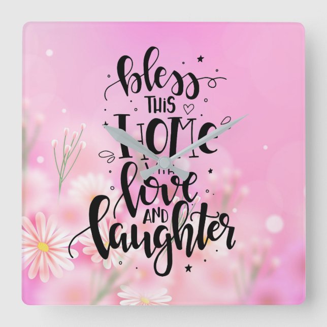 Bless this home Quote with Daisies Square Wall Clock (Front)