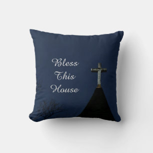 Bless This House Glowing Cross Blue Square Cushion