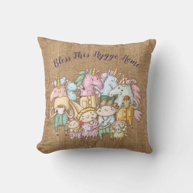 Bless This HYGGE Home Cosy Unicorn Family Burlap Cushion (Front)